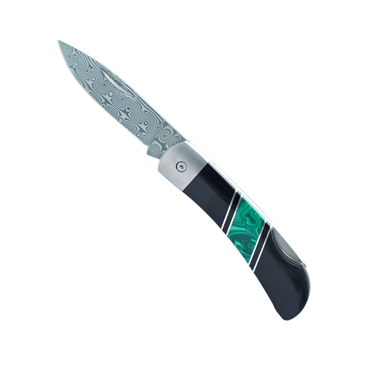 Titanium Damascus 3" Lockback Pocketknife with Black Jet and Green Malachite Inlay Handle