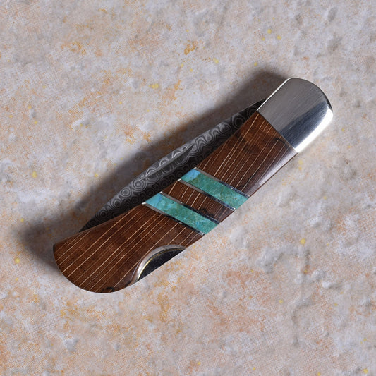 American Handmade 3" Lockback Pocket Knife, Damascus Steel Blade, Spalted Beech Wood and Turquoise Handle