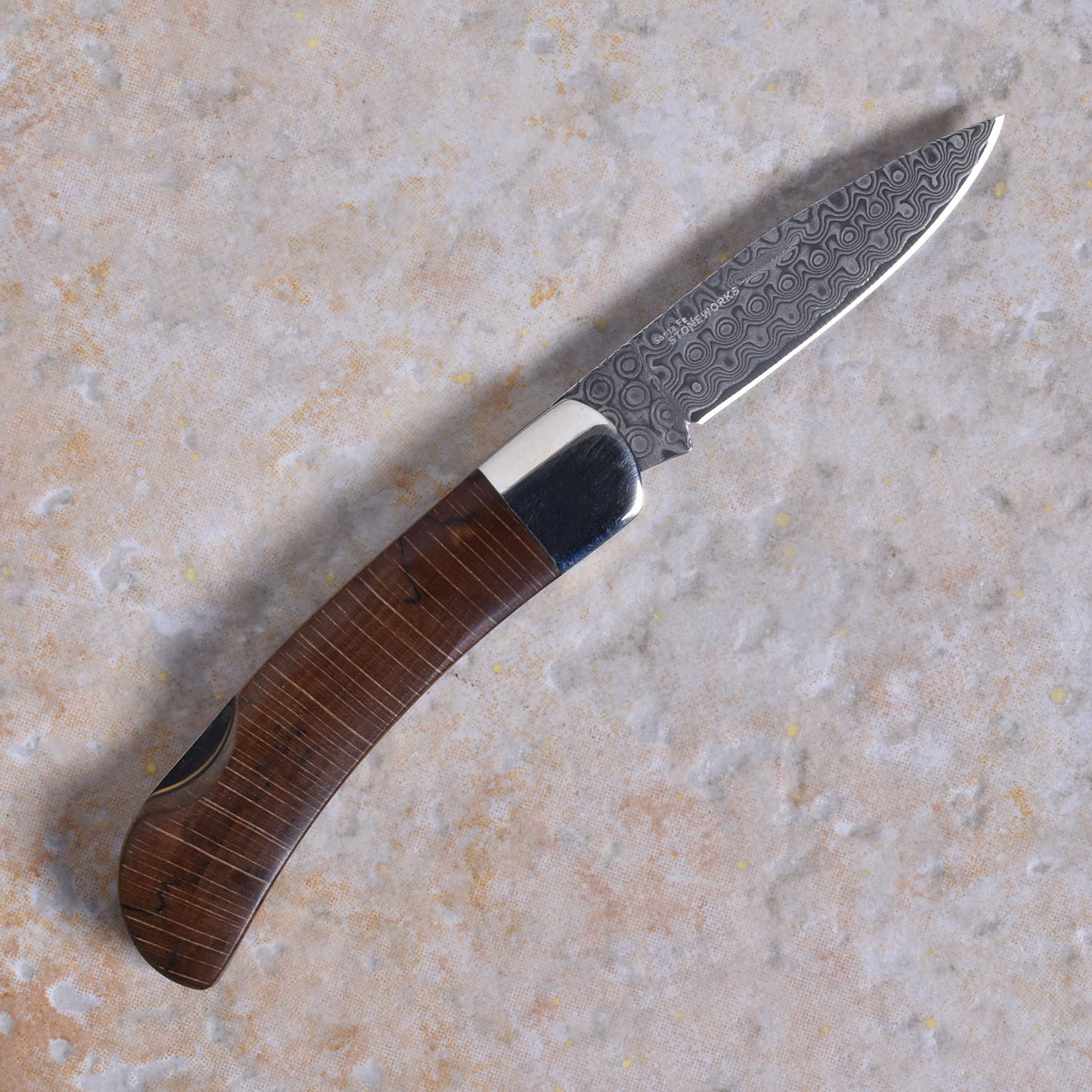 American Handmade 3" Lockback Pocket Knife, Damascus Steel Blade, Spalted Beech Wood and Turquoise Handle