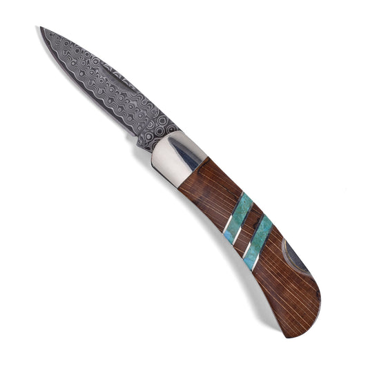 American Handmade 3" Lockback Pocket Knife, Damascus Steel Blade, Spalted Beech Wood and Turquoise Handle