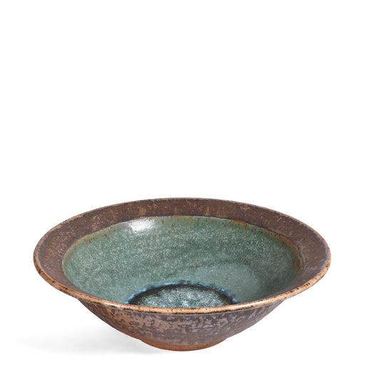 Dock 6 Pottery 12" Rimmed Bowl with Crackled Fused Glass, Green/Copper