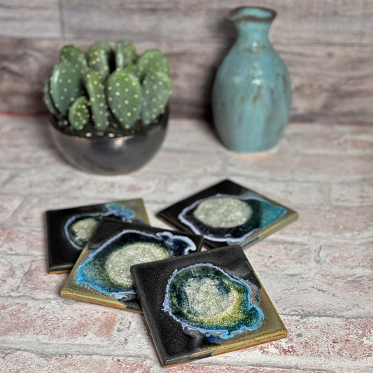 American Handmade Stoneware Coasters with Crackled Fused Glass by Dock 6 Pottery, Black Pearl, Set of 4, Each One Varies