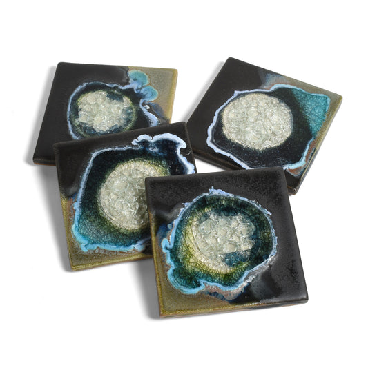 American Handmade Stoneware Coasters with Crackled Fused Glass by Dock 6 Pottery, Black Pearl, Set of 4, Each One Varies