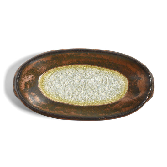 American Handmade Oval Dish with Crackled Fused Glass by Dock 6 Pottery, Ancient Copper, Each One Varies