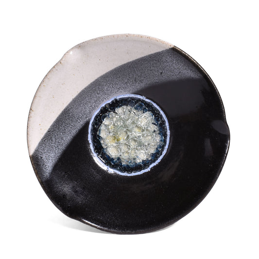 Handmade 7" Pinched Rim Bowl with Crackled Fused Glass by Dock 6 Pottery, Black and White, Each One Unique