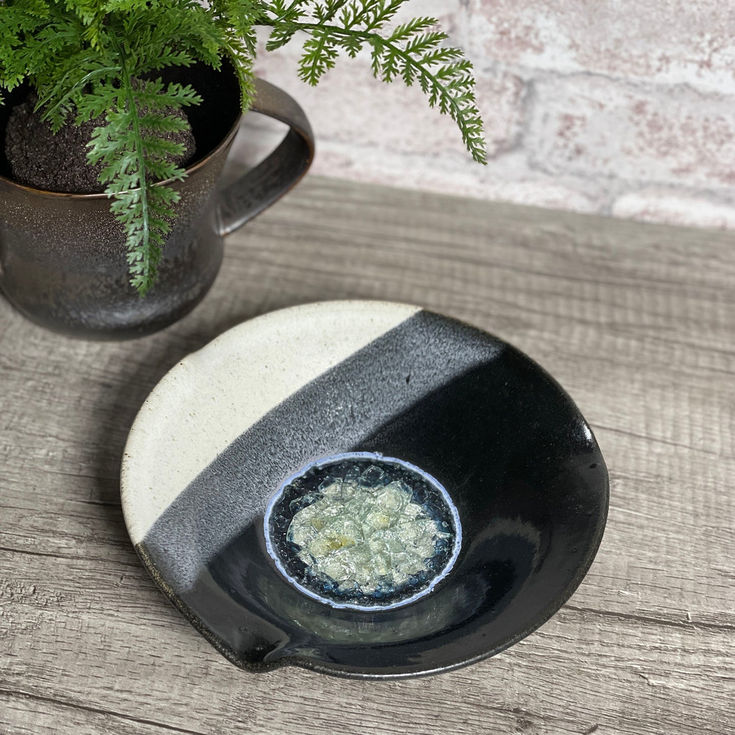 Handmade 7" Pinched Rim Bowl with Crackled Fused Glass by Dock 6 Pottery, Black and White, Each One Unique