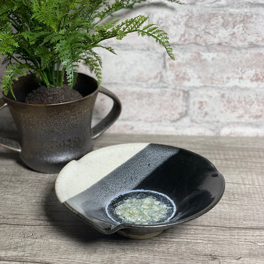 Handmade 7" Pinched Rim Bowl with Crackled Fused Glass by Dock 6 Pottery, Black and White, Each One Unique
