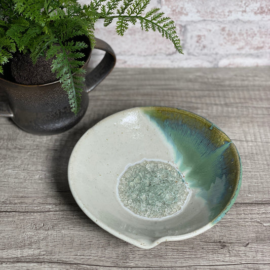 Handmade 7" Pinched Rim Bowl with Crackled Fused Glass by Dock 6 Pottery, White Pearl, Each One Unique