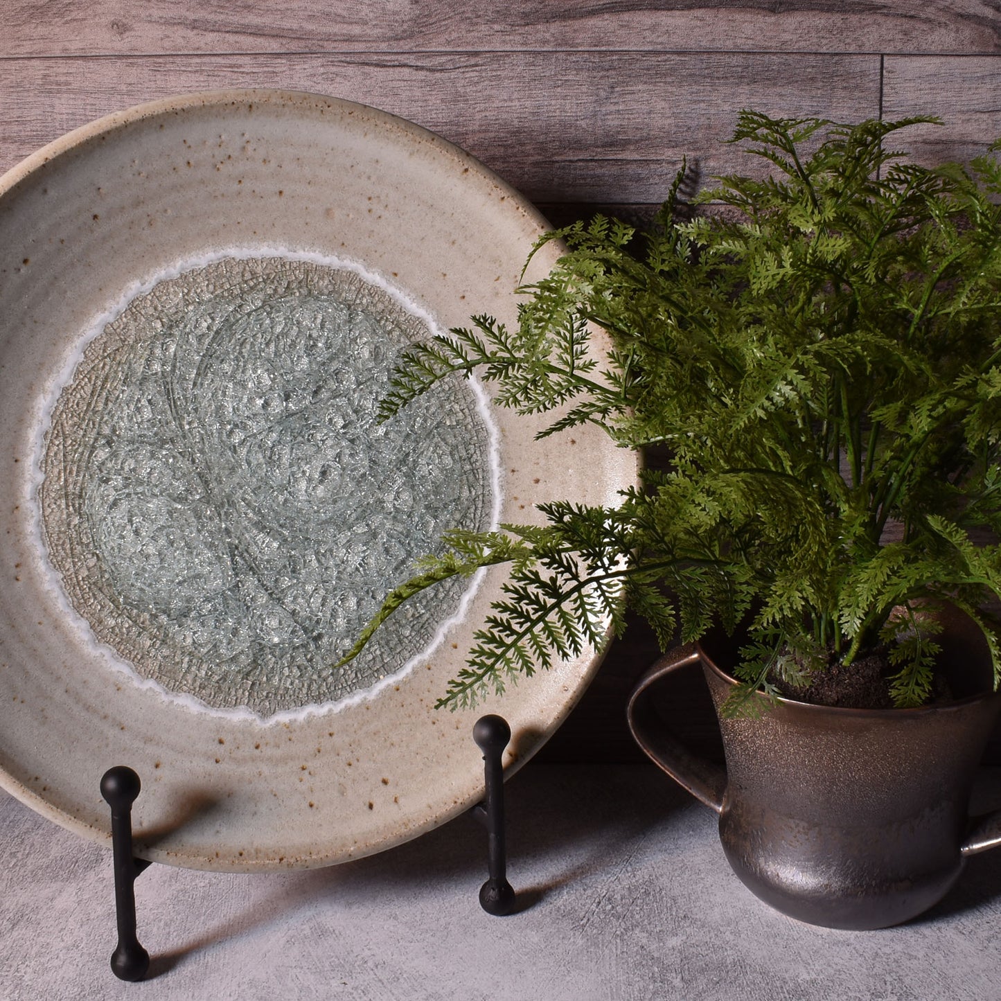 Dock 6 Pottery Large Decorative Plate with Crackled Fused Glass, Speckled White (Style B)