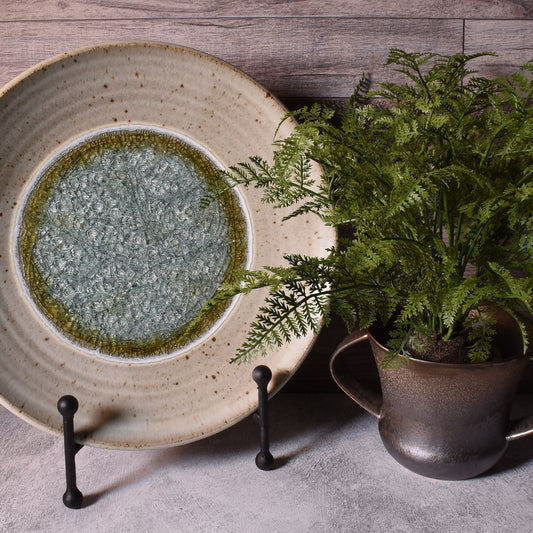 Dock 6 Pottery Large Decorative Plate with Crackled Fused Glass, Speckled White (Style A)