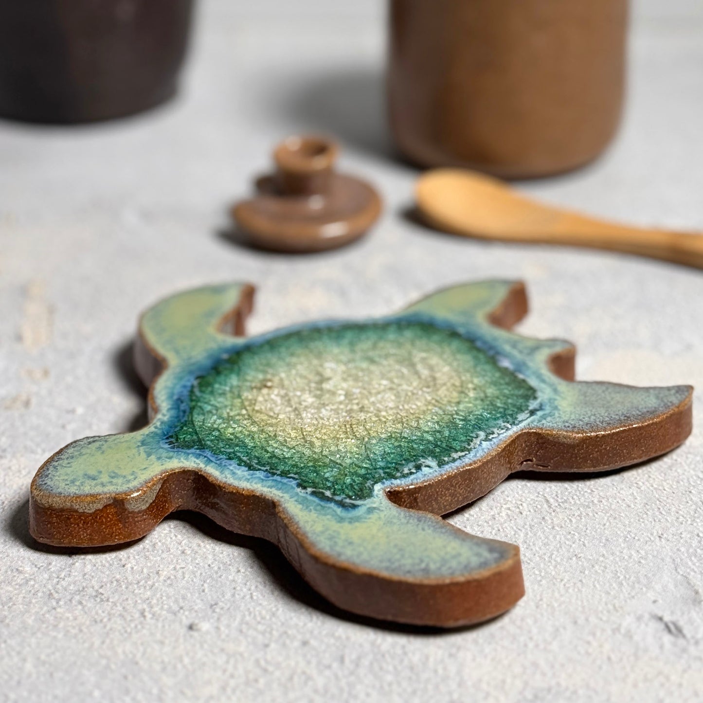 Dock 6 Pottery American Handmade Sea Turtle Coaster with Crackled Glass, Textured Turquoise
