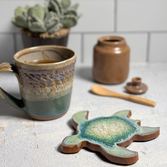 Dock 6 Pottery American Handmade Sea Turtle Coaster with Crackled Glass, Textured Turquoise