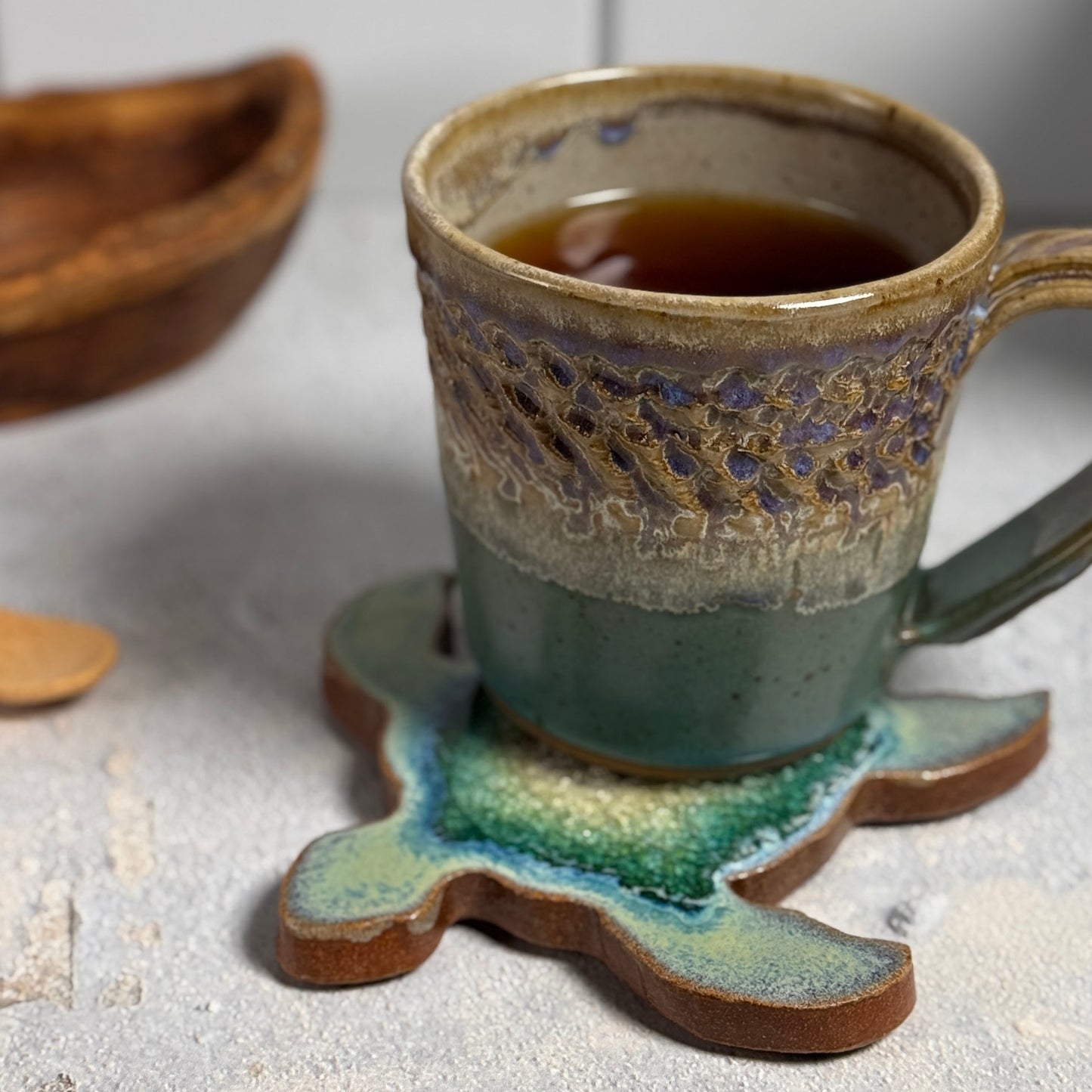 Dock 6 Pottery American Handmade Sea Turtle Coaster with Crackled Glass, Textured Turquoise