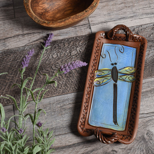 Jennifer Stas Pottery Dragonfly Small Decorative Tray with Handles