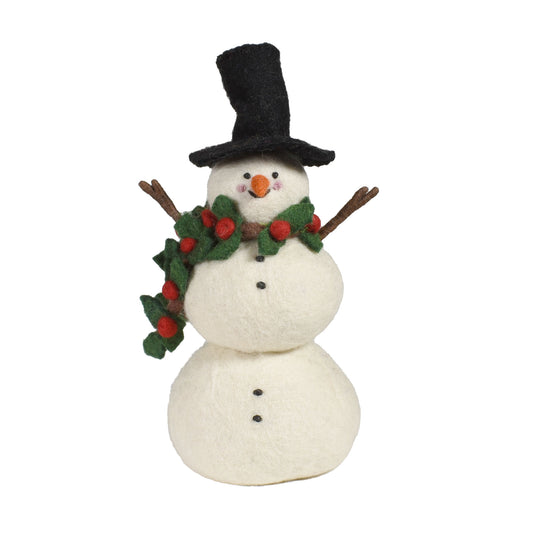 Fair Trade Felted Wool 9" Snowman with Holly Scarf Figurine, Handmade in Nepal