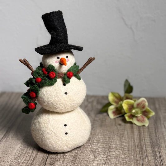 Fair Trade Felted Wool 9" Snowman with Holly Scarf Figurine, Handmade in Nepal