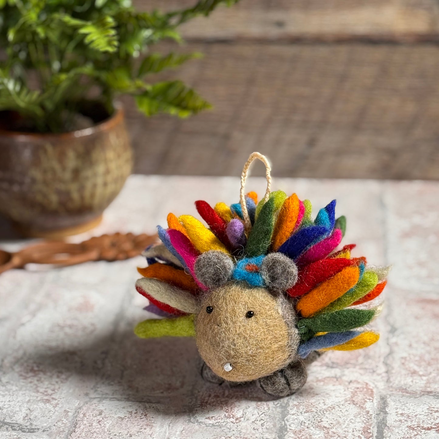Fair Trade Felted Wool Hedgehog Ornament Figurine, Multicolor, Handmade in Nepal