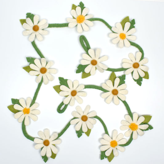 Fair Trade Felted Wool White Daisy Garland, Handmade in Nepal