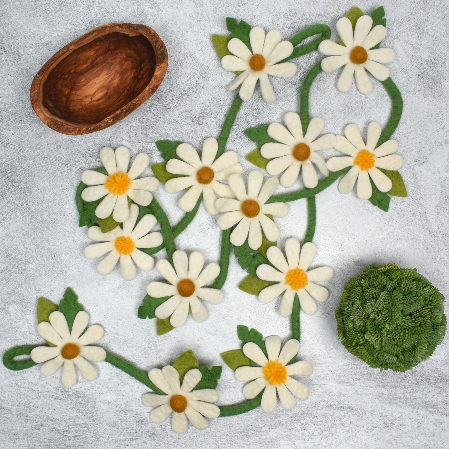 Fair Trade Felted Wool White Daisy Garland, Handmade in Nepal