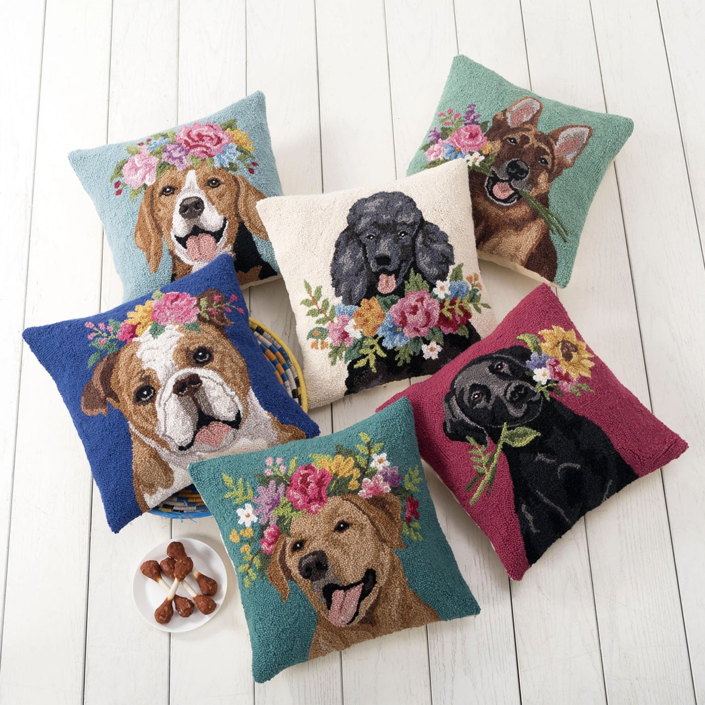 Floral German Shepherd 18" Square Hooked Wool Throw Pillow