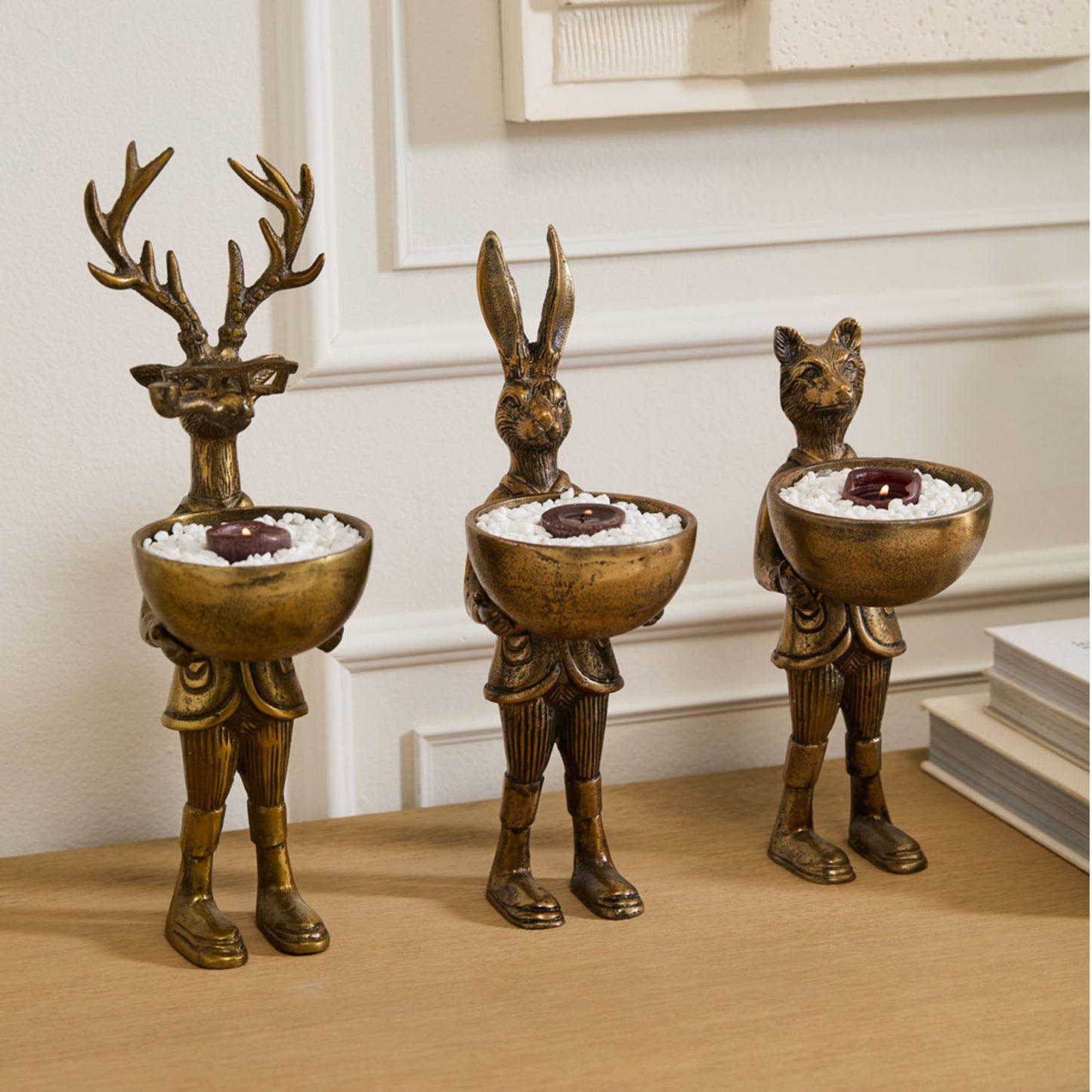 Frankie 16" Standing Deer Figurine with Bowl, Antique Gold Finish