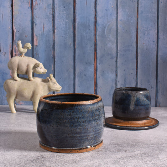 American Handmade Pottery French Butter Keeper Dish, Blue Gray (Each One Unique)