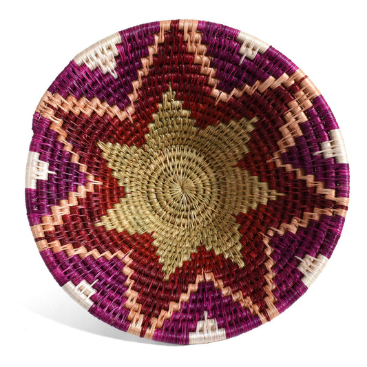 African Fair Trade Handwoven 11" Grass Basket, Red, Purple, White, and Natural