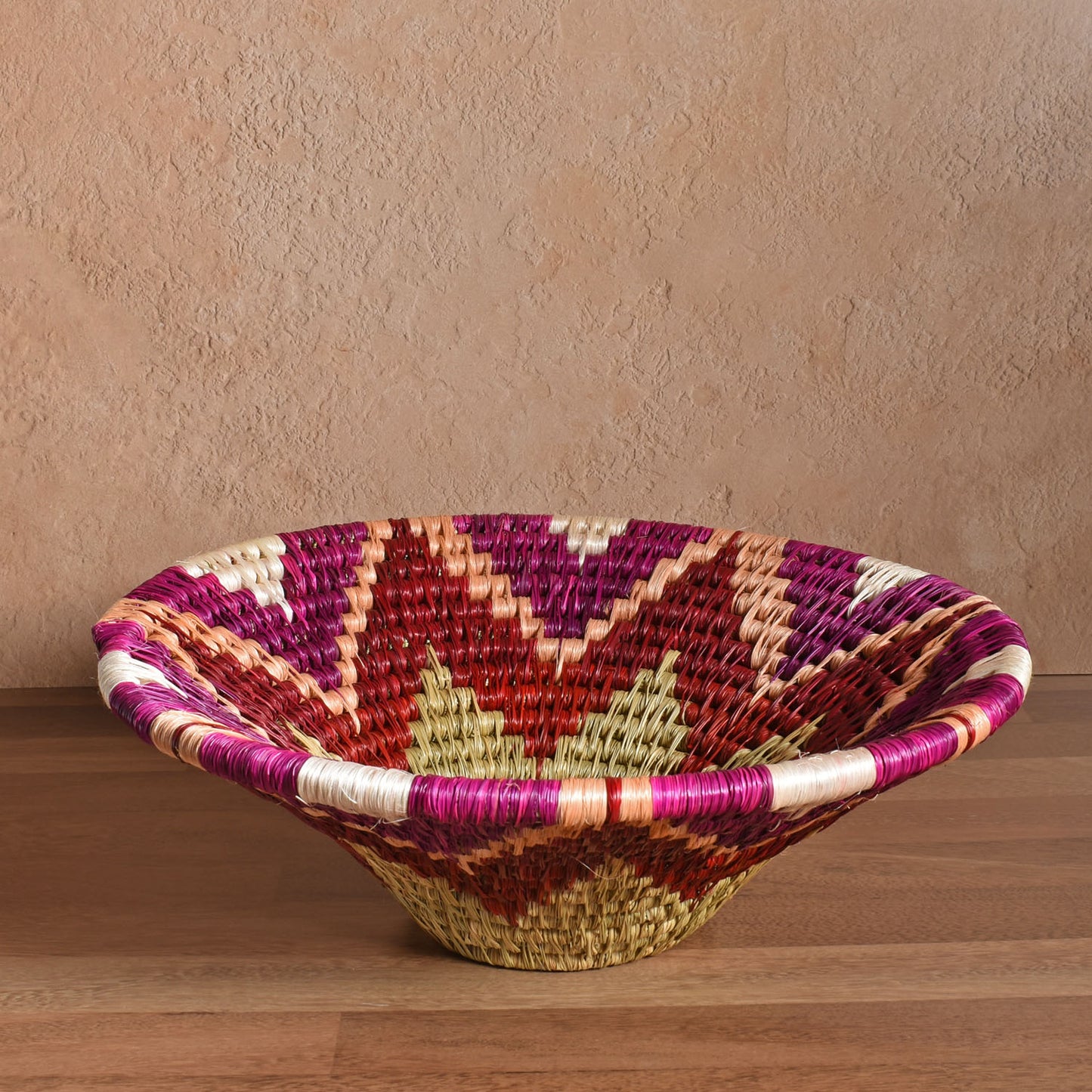 African Fair Trade Handwoven 11" Grass Basket, Red, Purple, White, and Natural