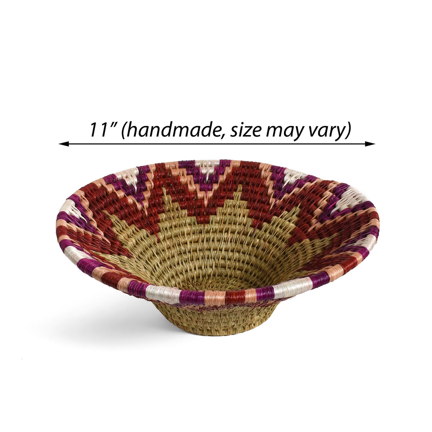 African Fair Trade Handwoven 11" Grass Basket, Red, Purple, White, and Natural