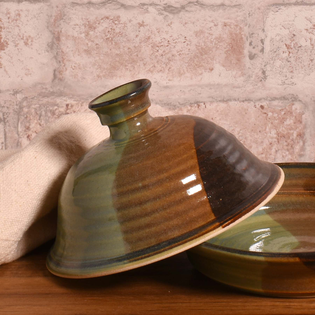 American Handmade Garlic Roaster with Lid by Holman Pottery, Green Earth