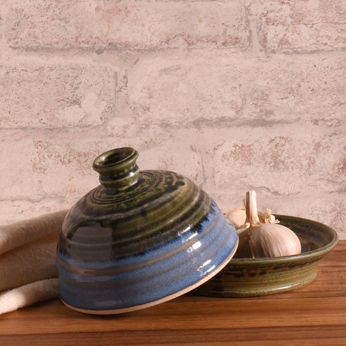 American Handmade Garlic Roaster with Lid by Holman Pottery, Smoky Blue