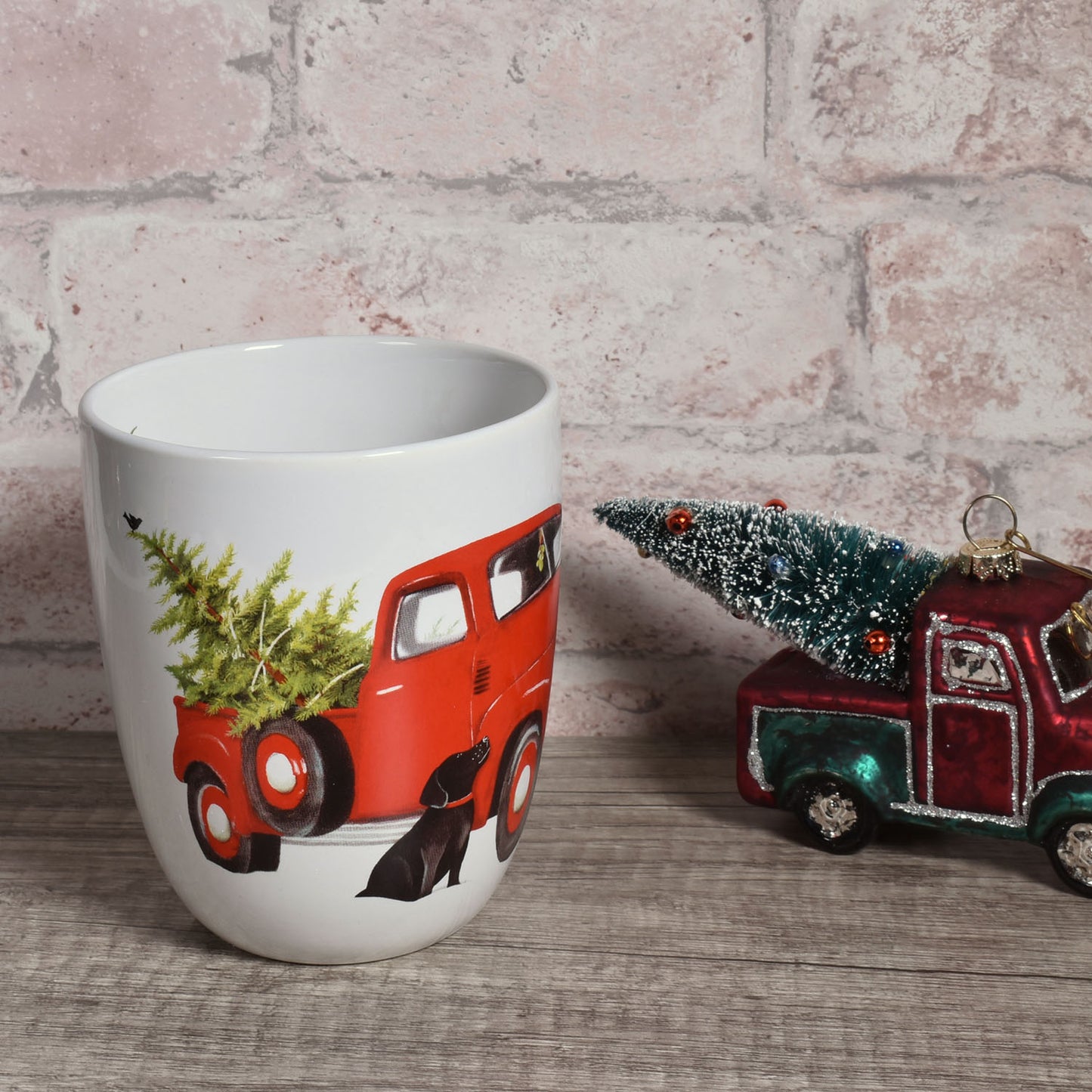Mary Lake-Thompson Retro Pickup Truck with Black Lab Stoneware Christmas Mug