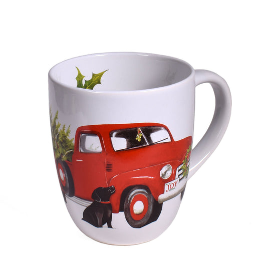 Mary Lake-Thompson Retro Pickup Truck with Black Lab Stoneware Christmas Mug