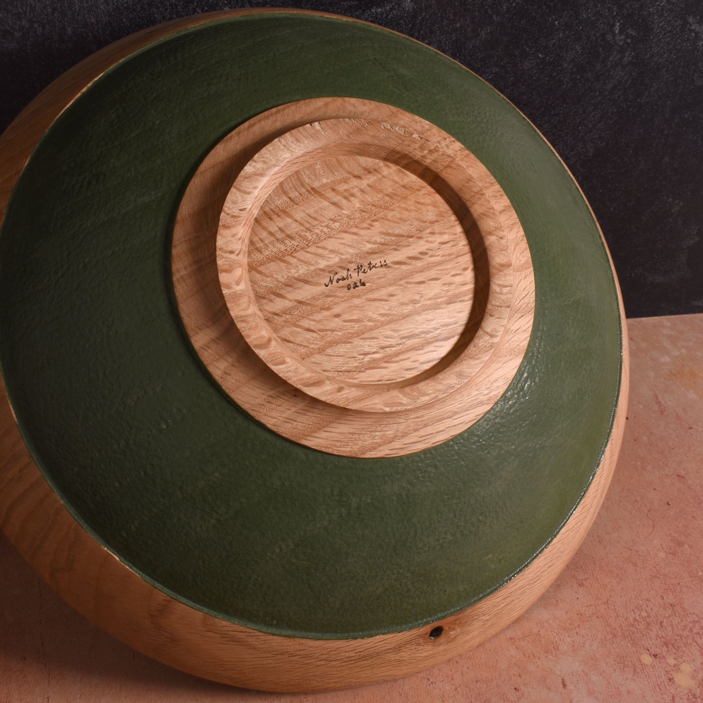 American Handmade 12" Reclaimed Two-Tone Wood Bowl, Oak with Green