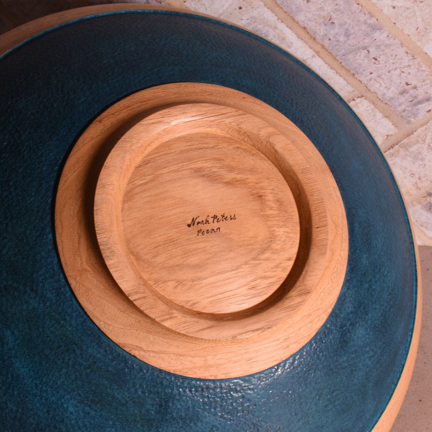 American Handmade 12" Reclaimed Two-Tone Wood Bowl, Pecan with Blue