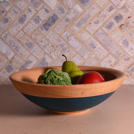 American Handmade 12" Reclaimed Two-Tone Wood Bowl, Pecan with Blue