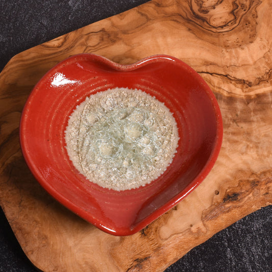 Handmade Heart-Shaped Ring Trinket Dish with Crackled Glass, Hot Tamale Red