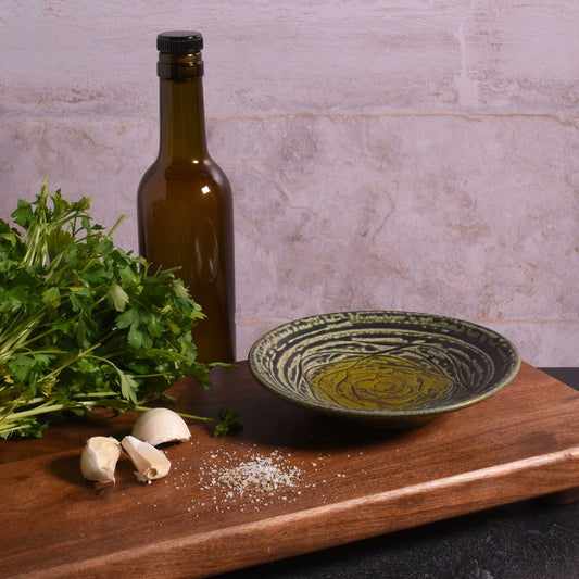 Holman Pottery Oil Dipping Dish with Textured Interior for Grating, Eco Ash Glaze, Each One Unique