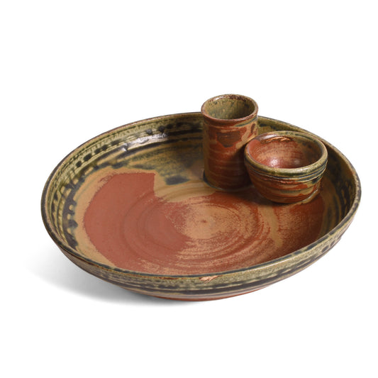 Holman Pottery Olive Serving Dish with Cups for Picks and Pits, Each One Unique