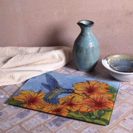 Tropical Hummingbird by Stephanie Kiker Tempered Glass Cutting Board Serving Tray