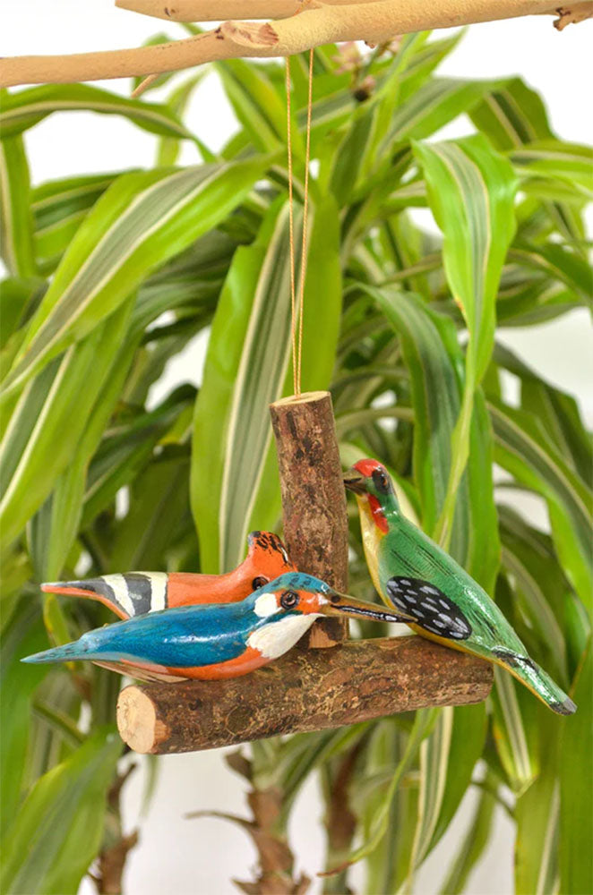 African Hand Painted Bird Trio Wooden Ornament