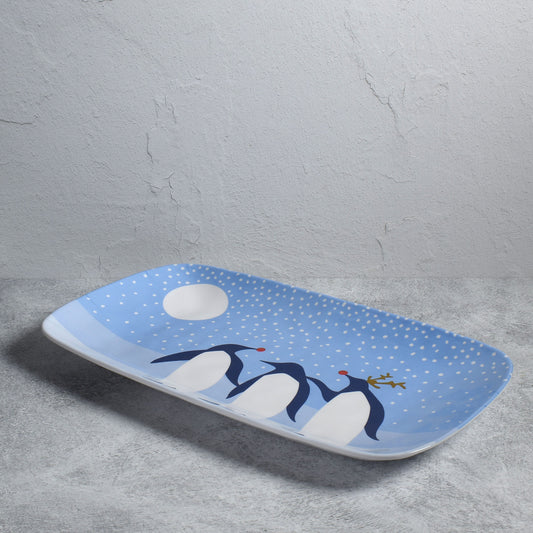 Arctic Antics Penguins by Kate Nelligan 13.5" x 7.5" Melamine Appetizer Tray, Blue/White