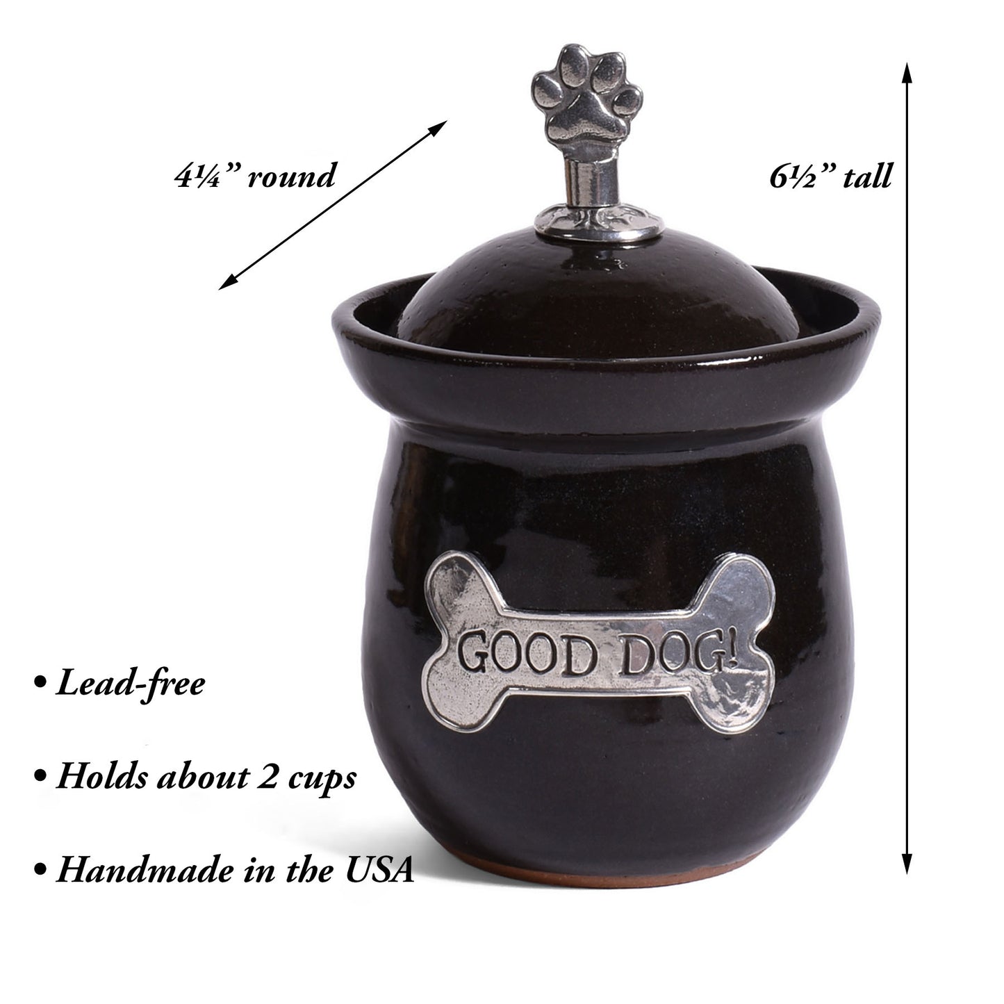 American Handmade Good Dog! Small Treat Jar with Pewter Plaque and Paw Print Finial by MudWorks Pottery, Black