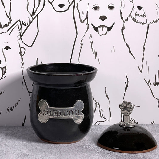 American Handmade Good Dog! Small Treat Jar with Pewter Plaque and Paw Print Finial by MudWorks Pottery, Black