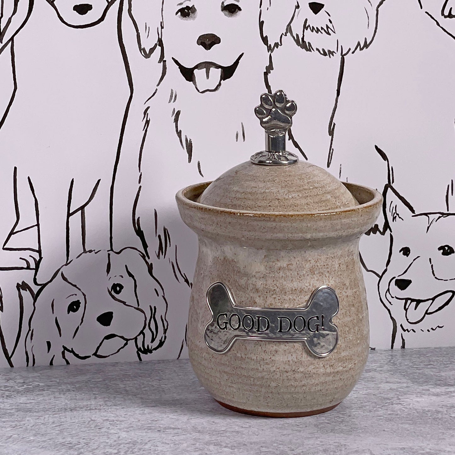 American Handmade Good Dog! Small Treat Jar with Pewter Plaque and Paw Print Finial by MudWorks Pottery, Sandstone Beige