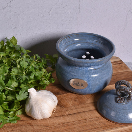 American Handmade Garlic Keeper Jar with Pewter Plaque by MudWorks Pottery, Barrington Blue