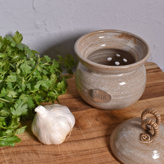 American Handmade Garlic Keeper Jar with Pewter Plaque by MudWorks Pottery, Sandstone Beige
