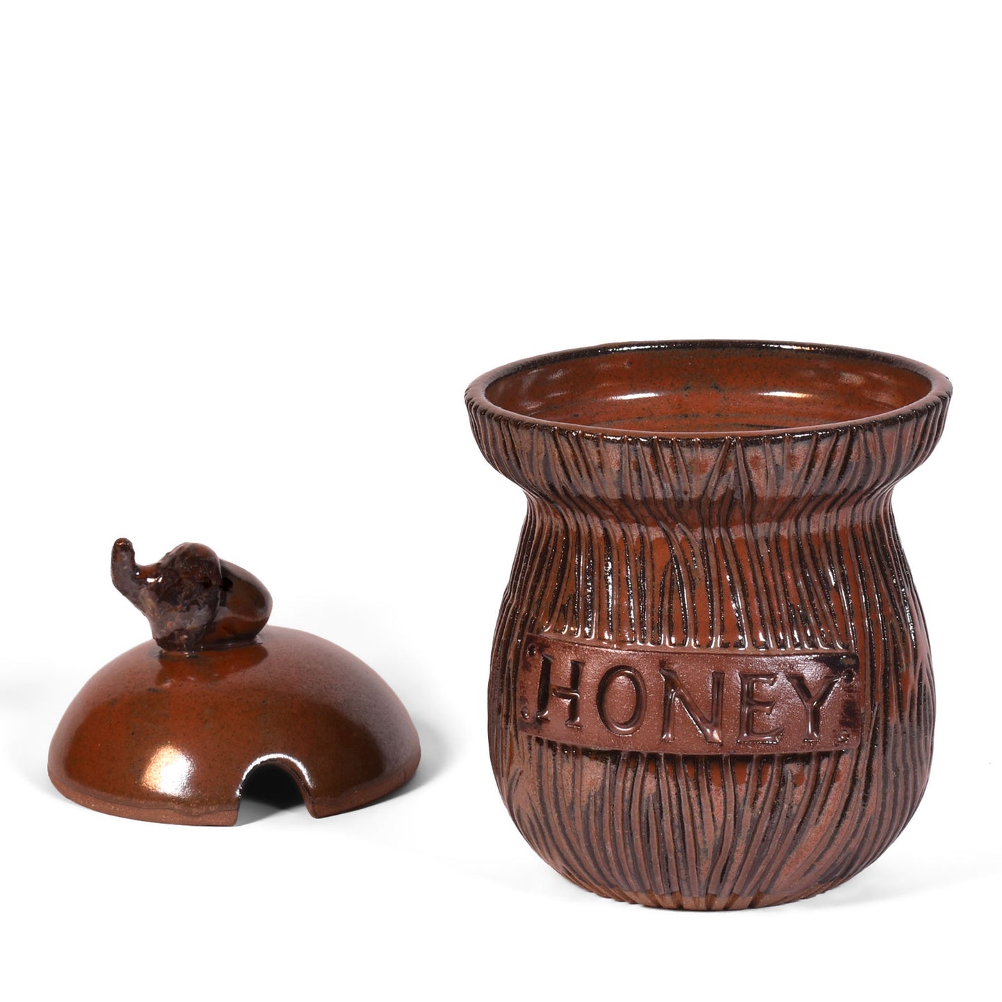 MudWorks Pottery Honey Jar, Carved Wood Pattern with Acorn Knob Lid and Dipper