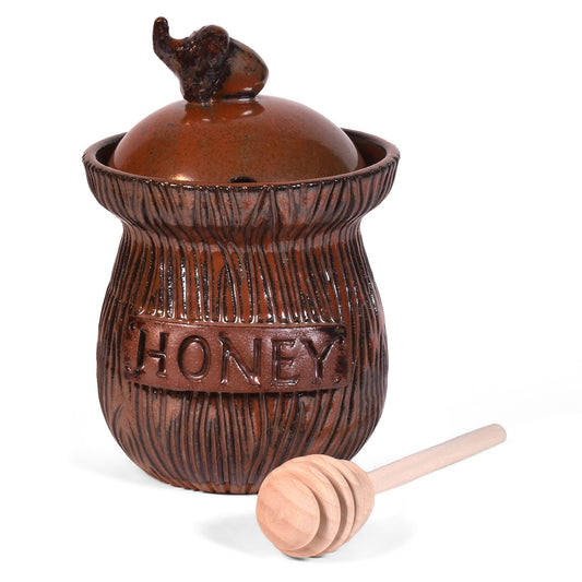 MudWorks Pottery Honey Jar, Carved Wood Pattern with Acorn Knob Lid and Dipper