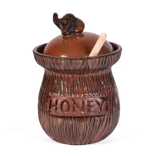 MudWorks Pottery Honey Jar, Carved Wood Pattern with Acorn Knob Lid and Dipper
